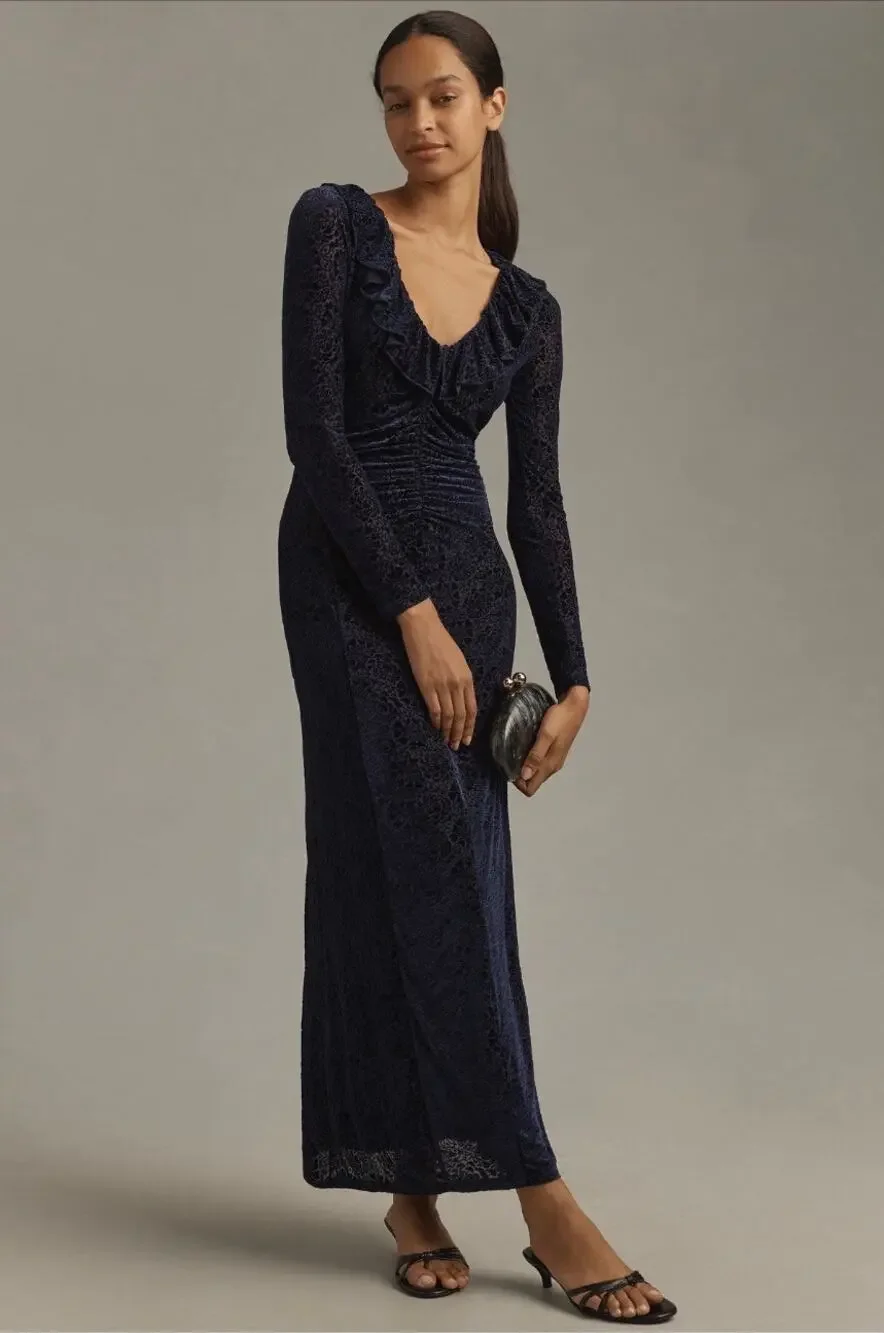 Anthropologie Blue Velvet Ruched Maxi Dress Size Med Ruffle Bodycon Formal - Picture 2 of 15